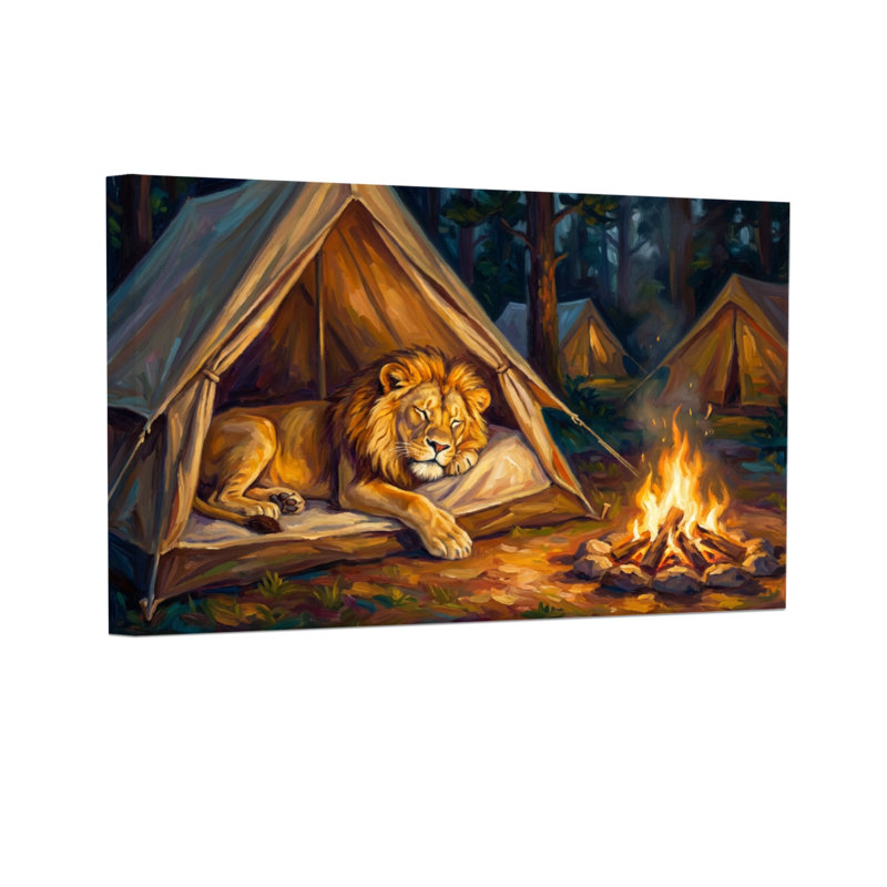 Animaux lion se reposant dans une tente près d'un feu de camp, H 20 po x l 30 po