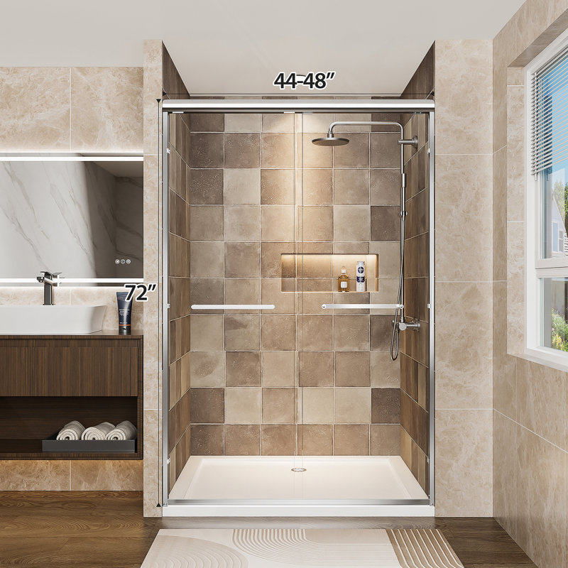 Aluminum Frame Double Sliding Shower Door, Tempered Glass Shower Door With Explosion-Proof Film And Stainless Steel Handles