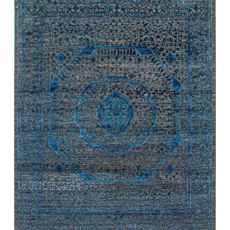 Tapis oriental en laine noué à la main en gris / bleu, Rectangle 8 pi x 10 pi