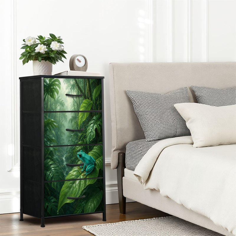 Commode 4 tiroirs pour chambre à coucher, commode étroite, plateau en bois et structure de bureau en fer 18 po x 37,5 po (lxH) - avec impression de forêt tropicale brumeuse
