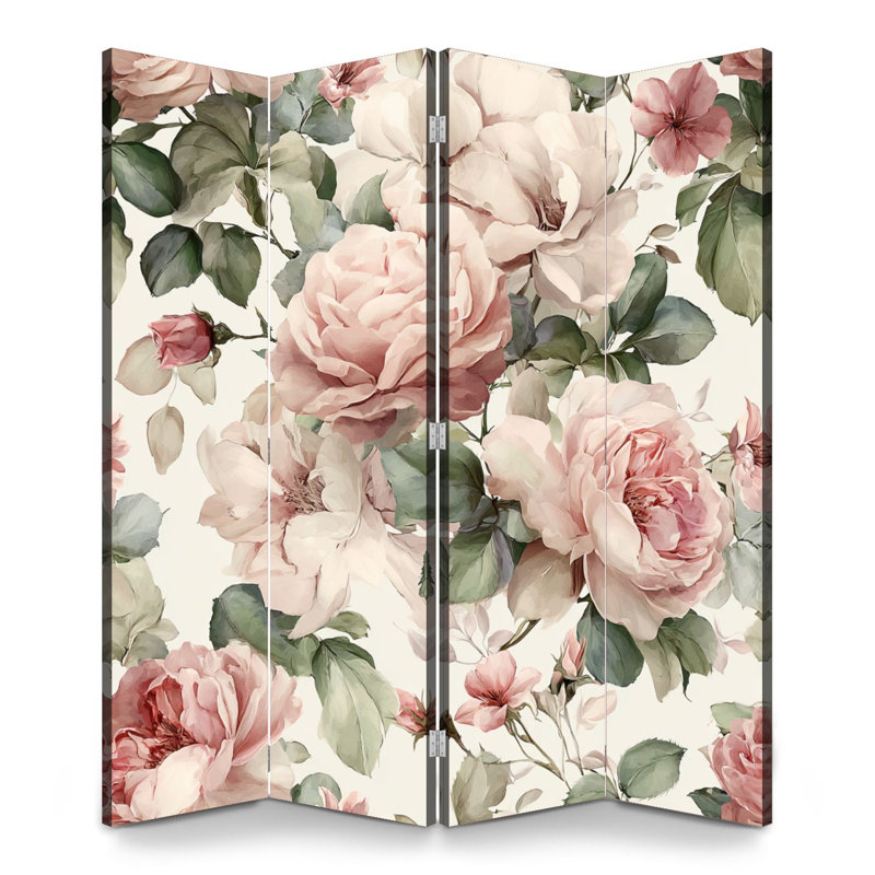 Paravent pliant à 4 panneaux, motif floral rose poudré royal avec roses et feuilles vertes, en toile, séparateur de pièce autoportant, cloison de protection pour plus d'intimité