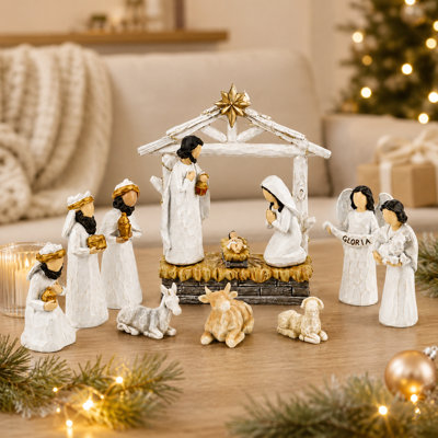 12-Piece Resin Nativity Scene Set with LED Stable for Tabletop Christmas Decor