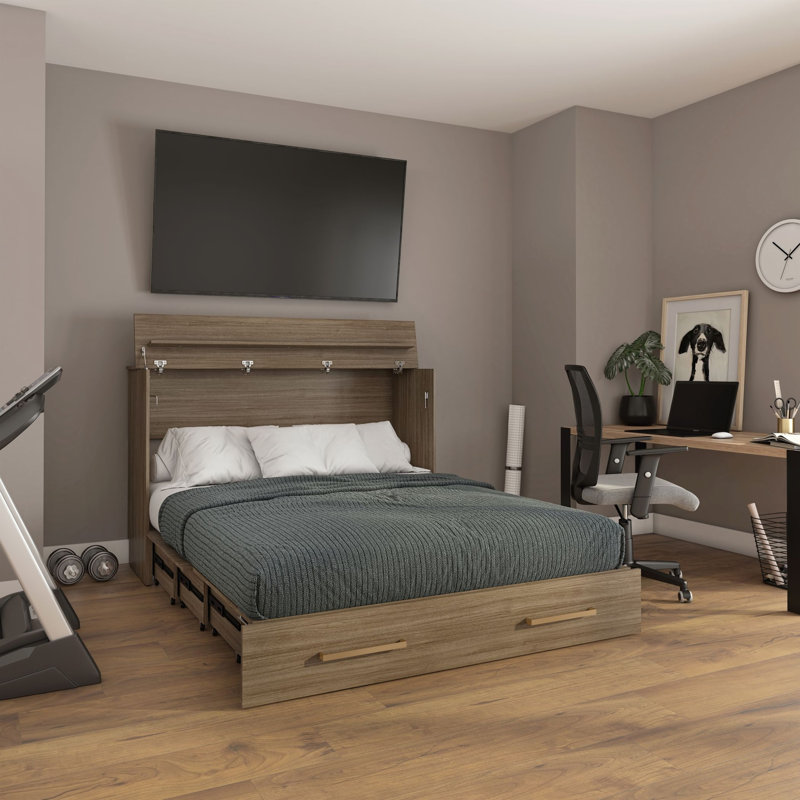 Lit cabinet TRIADE – design escamotable gain de place avec lit queen et matelas inclus – choix de finis, Brun