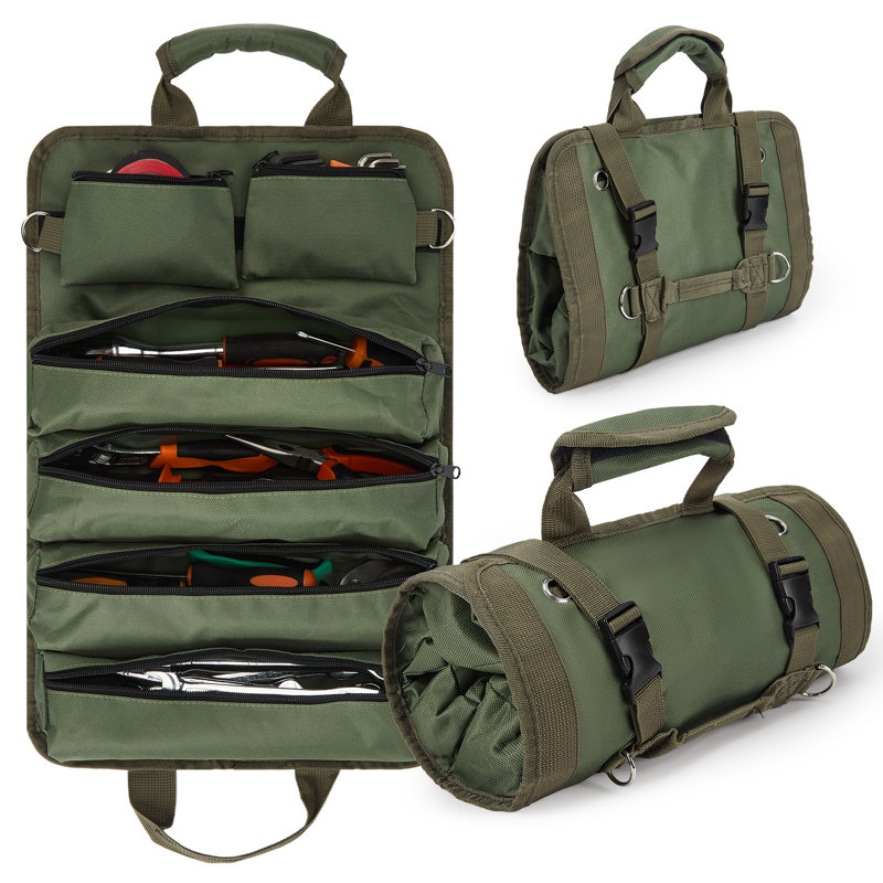 Sac à outils en toile imperméable à 6 poches - Organiseur à outils enroulable pour clés et outils à main - Résistante aux déchirures et à l'huile - Vert armé