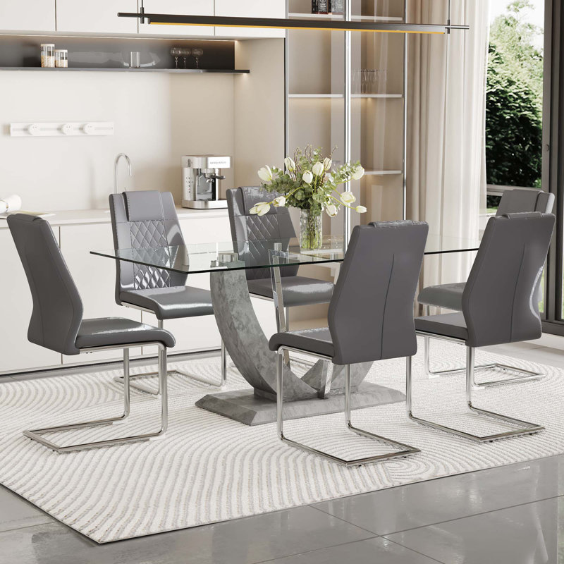 Baileyville 8 - Person Glass Top Pedestal Dining Set, 9, Marble White, Light Gray/Silver