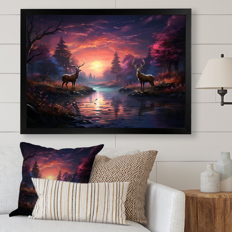 «Deer Enchanted Twilight I», reproduction sur toile, Cadre simple noir, H 24 po x l 32 po x P 1 po