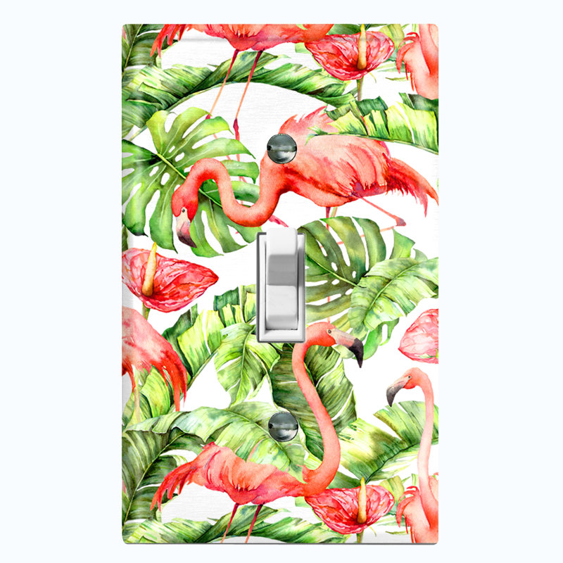 Rose, flamants roses, plantes vertes Monstera, feuilles, blanc, 1 bande, interrupteur à bascule, plaque murale