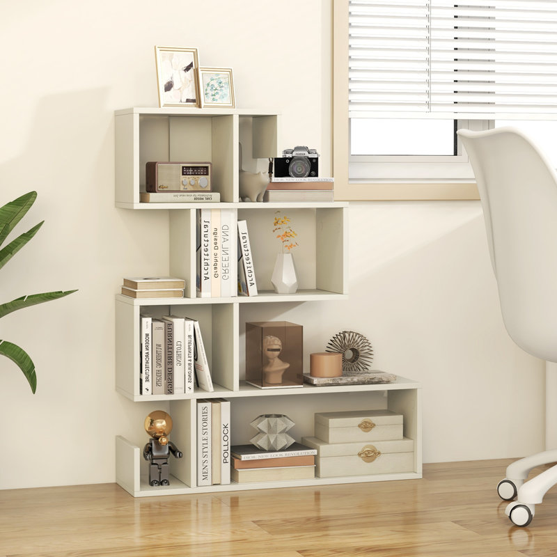 39.5'' H X 31.5'' W S-Shaped Bookshelf, Geometric Bookcase w/Open Shelves, White