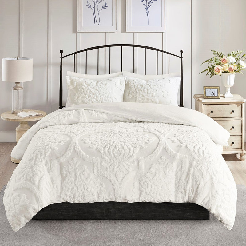 Housse de couette en chenille de coton très grand / très grand, très douce, 2 taies décoratives assorties, fermeture à boutons, attaches à l'intérieur, blanc lavable pour très grand lit, 3 pièces, attaches de coin, lavable à la machine, touche exquise