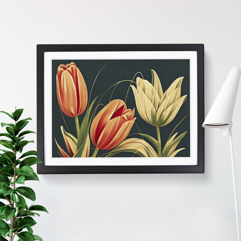 Art Deco Tulip Flowers Vol.2 - Framed Print, 34cm H x 46cm W x 2cm D, Black Framed