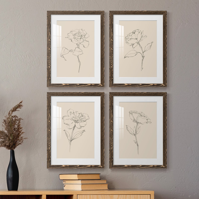 Floral Contour Study I - Ensemble de 4 cadres photo, Cadre noyer, H 31,5 po x l 47 po x P 1,5 po