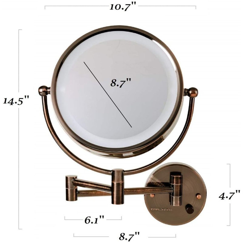 OVENTE 9" Lighted Wall Mount Makeup Mirror with 1X/7X Magnification, Double Sided Magnifying Bathroom Mirror, LED Glow Light, 360° Swivel Design, Extendable Folding Arm, Antique Brass MPWD3185AB1X7X