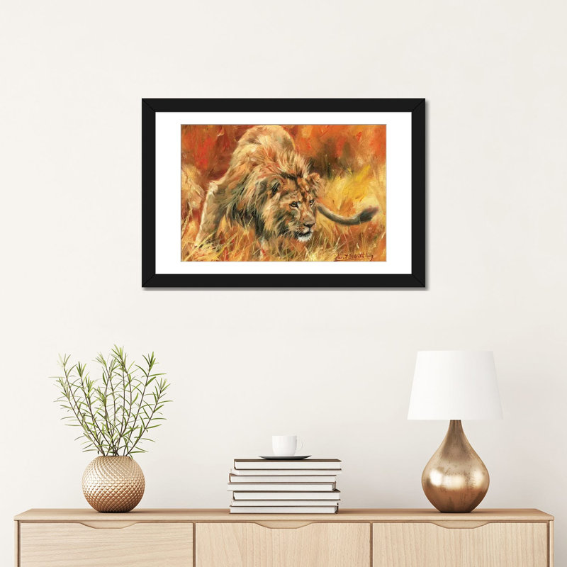 «Lion Alerte», reproduction d'impression sur toile, H 24 po x l 32 po x P 1 po, Papier d'art encadré noir, Blanc