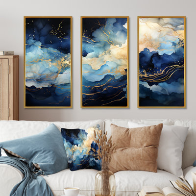 Celestial Blue And White Sky Liquid Art - Liquid Ink Abstract Wall Art Living Room Set