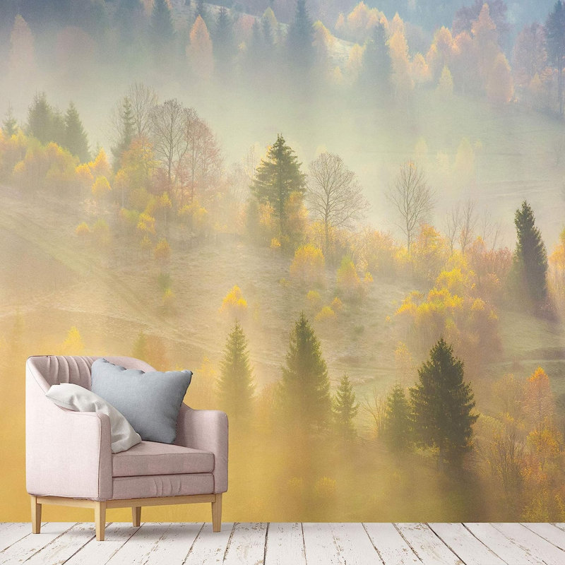 Murale soleil brumeux forêt, L 100 po x l 144 po