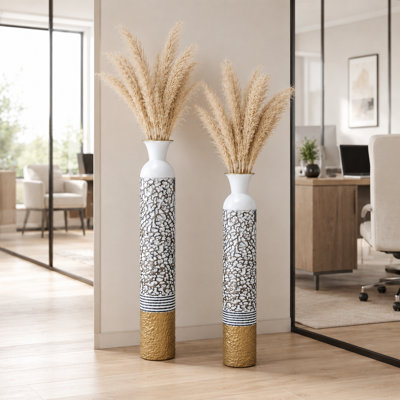 Ensemble de 2 vases ronds en métal blanc, argent et or - décor décoratif moderne pour la maison ou le bureau - 14 x 14 x 106,7 cm et 13,5 x 13,5 x 95,5 cm