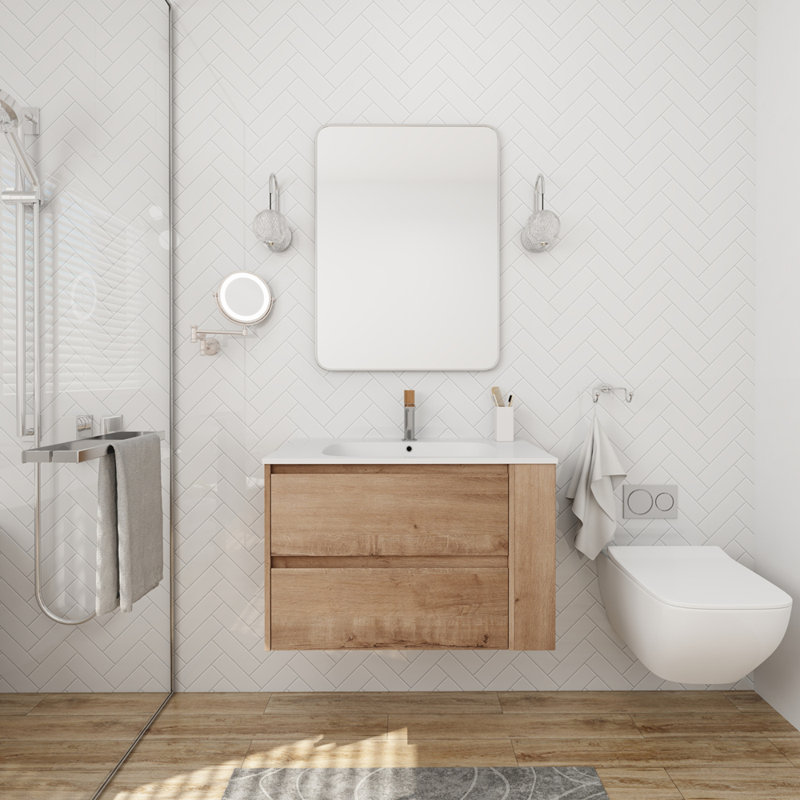 Meuble-lavabo mural 30 po avec lavabo en gel, tiroir à fermeture en douceur, Imitation chêne
