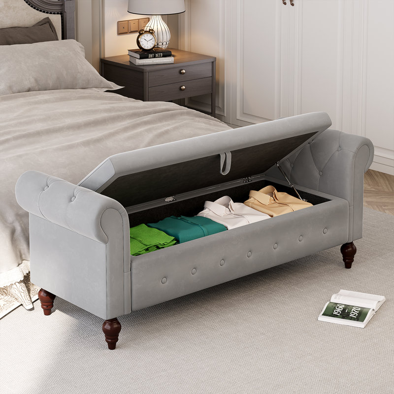 Banc de rangement avec repose-pieds pour chambre à coucher, banc de bout de lit avec accoudoirs, Gris