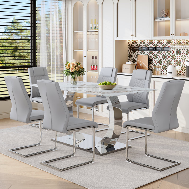 Ensemble de table et chaises de cuisine Elegant, 7 pièces : table, 6 chaises, Gris clair