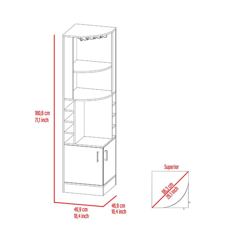 Armoire de coin Syrah, huit casiers à bouteilles, double porte, deux tablettes ouvertes