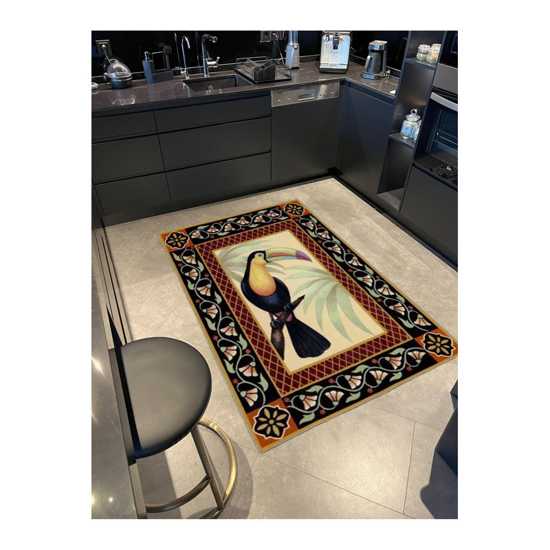 Tapis noir lavable à motif d'oiseaux Toucan, Sous-tapis carré 3 pi 3 po inclus