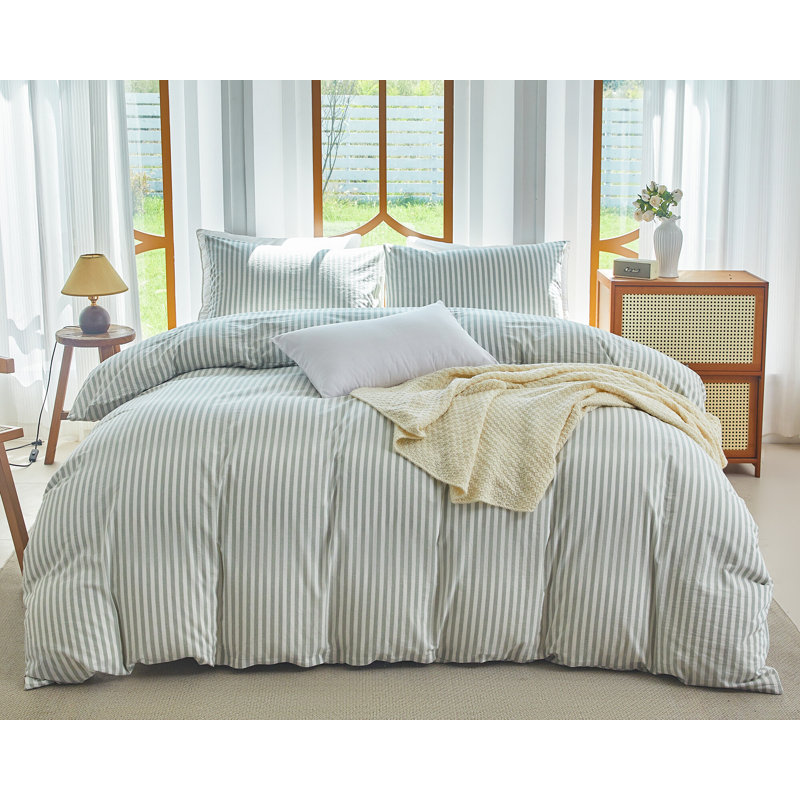 XINMIANFANG Striped Duvet Cover Set 100% Washed Cotton Linen Like Textured Bedding Set 3 Pcs Comforter Cover for All Seasons