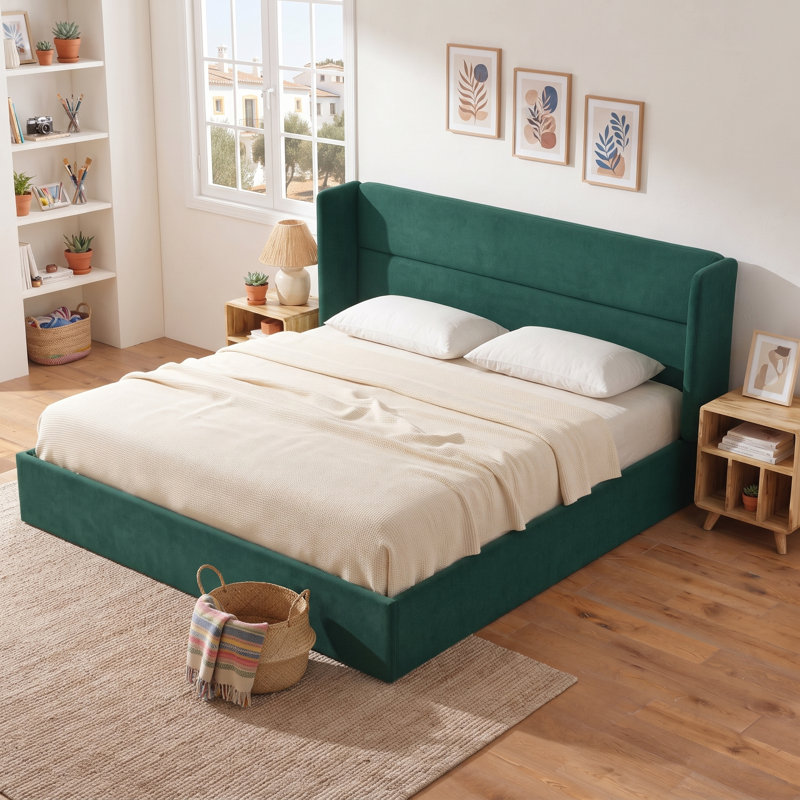 Structure de lit tapissier Annek avec rangement relevable, tête de lit à oreilles de H 40,9 po, lattes de bois et structure en métal, plusieurs tailles et options de tissu disponibles