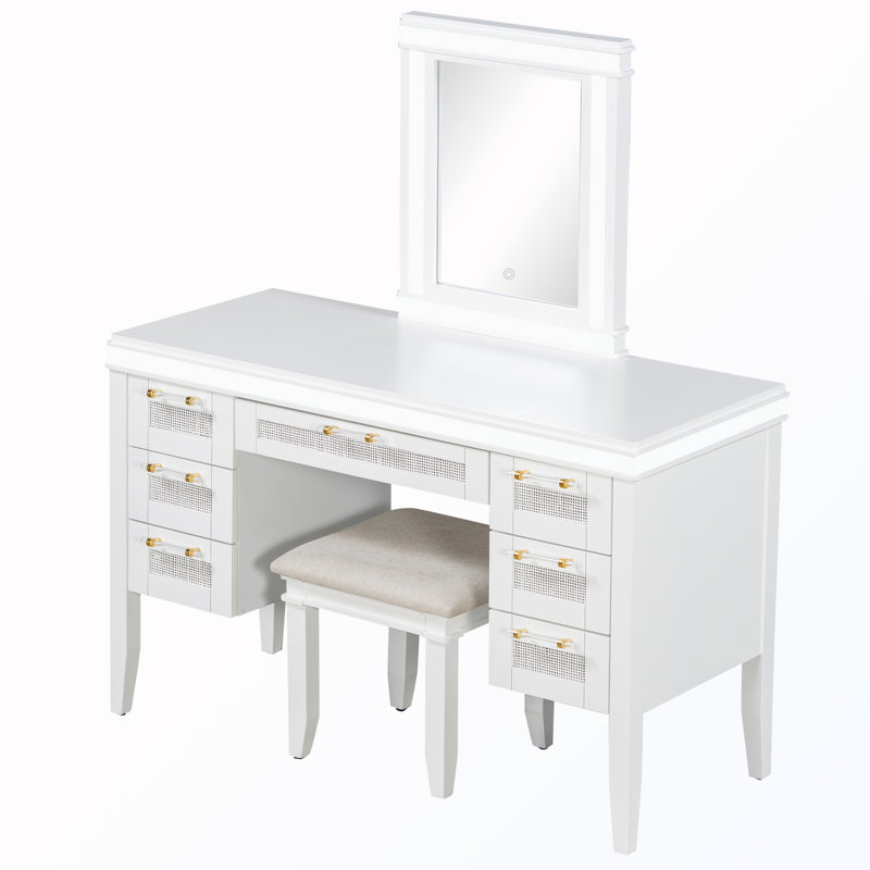 Bureau de coiffeuse 7 tiroirs avec miroir et lumières et tabouret rembourré, White