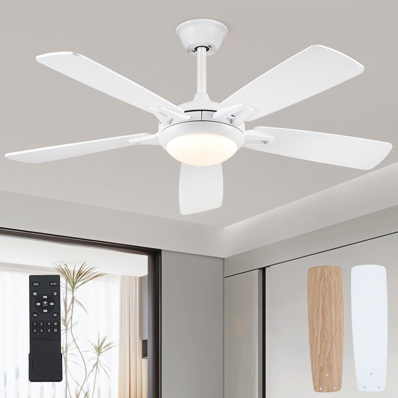 Ventilateur de plafond 52 pouces à 5 pales avec lumières et télécommande, Blanc