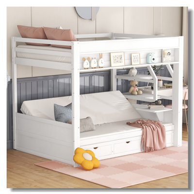 Wood Full Size Convertible Bunk Bed With Storage Staircase, Bedside Table, And 3 Drawers by Harriet Bee