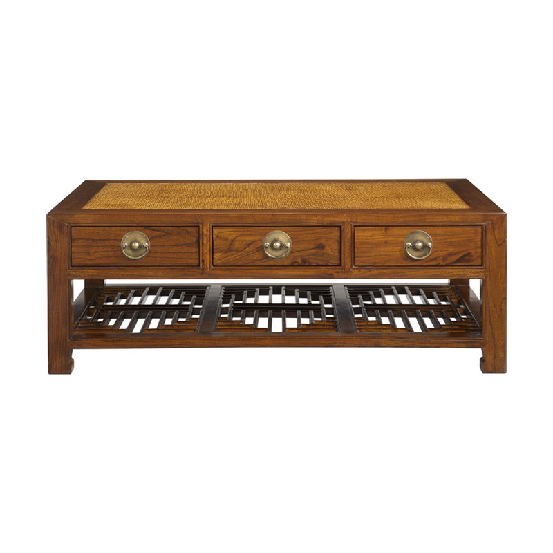 Hangzhou Solid Wood Four Leg Coffee Table with Storage, Warm Elm