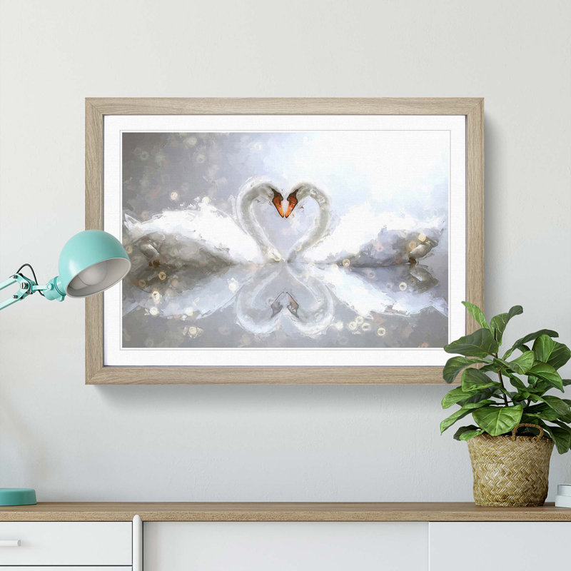 Swans Forming a Love Heart in Abstract - Picture Frame Graphic Art Print, Oak Framed, 36cm H x 48cm W x 2cm D