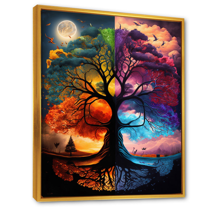 «Tree Of Life Day and Night II - Forest», reproduction sur toile, H 20 po x l 12 po x P 1 po, Cadre flottant doré