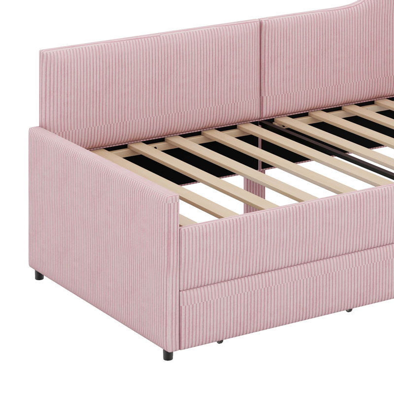 Lit de jour simple en L revêtu de velours côtelé avec 2 tiroirs, Rose