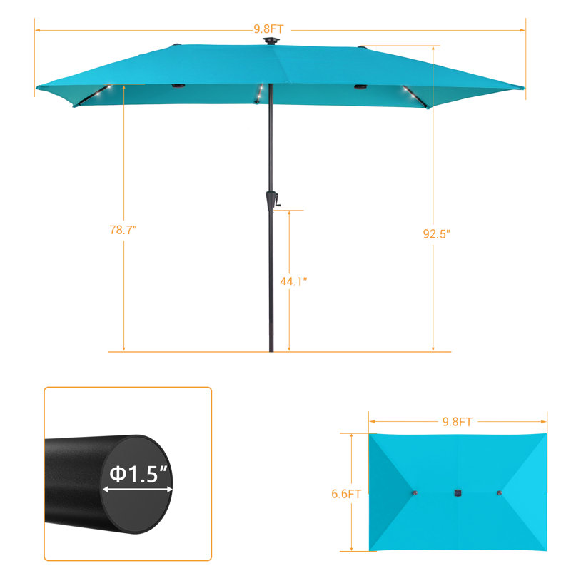 Parasol de marché rectangulaire à double face 10 x 6,5 pi à énergie solaire pour terrasse, Bleu clair