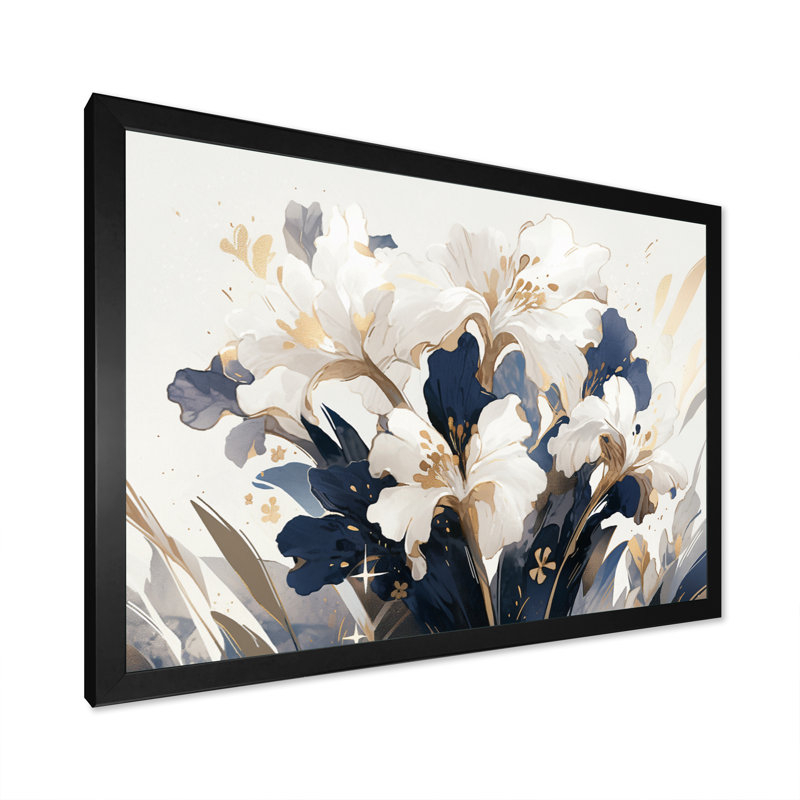 Or doré, impressions d'iris blanc, Cadre simple noir, H 24 po x l 32 po x P 1 po