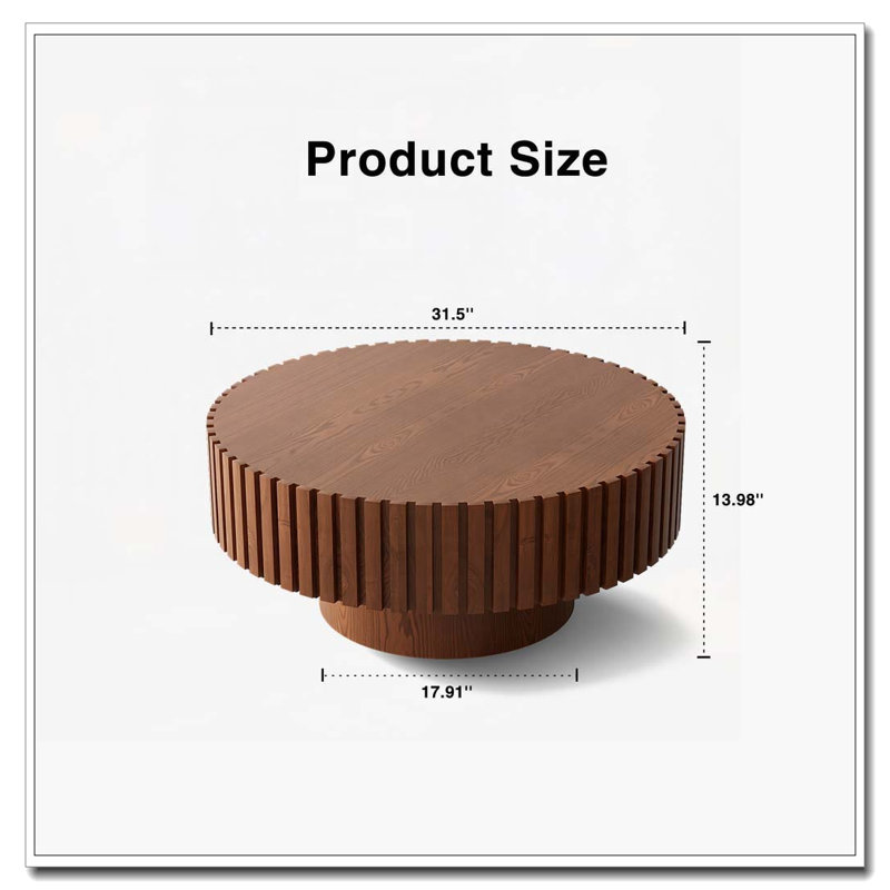 Round Coffee Table Handcrafted Relief Sturdy Pedestal Wooden Olive-Shaped Coffee Table, 13.98" H x 31.5" L x 31.5" W