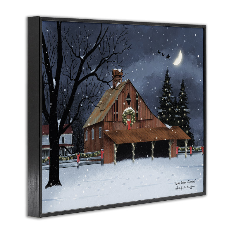  «Night Before Christmas Barn», art de la giclée encadrée par Billy Jacobs, H 11 po x l 14 po, Giclée encadrée noir minuit