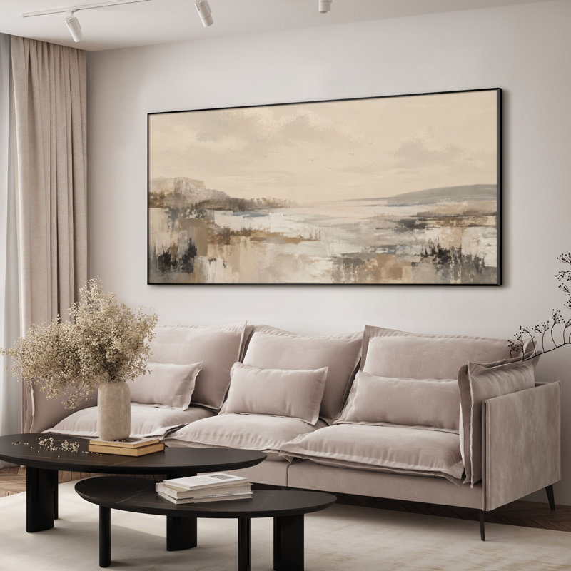 Très grand art mural imprimé sur toile - Beige, brun clair, paysage abstrait, décor de salon contemporain - "Assemblage requis (cadre non fini)"
