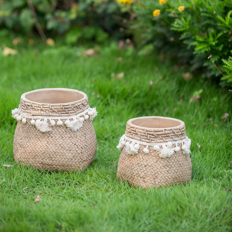 Set of 2 6.5x6.5x6" Brown Cement Planter with Woven Tassel Accent