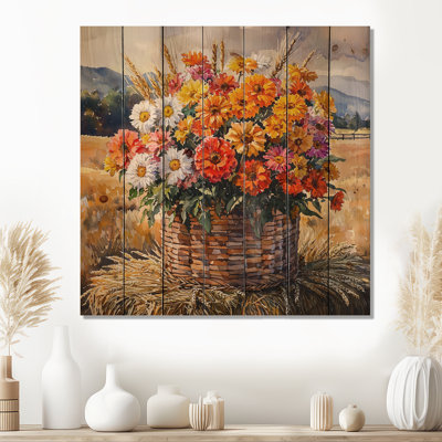 Country Harvest Glow Assorted Bouquets I - Assorted Bouquets Wood Wall Art - On Natural Pine Wood