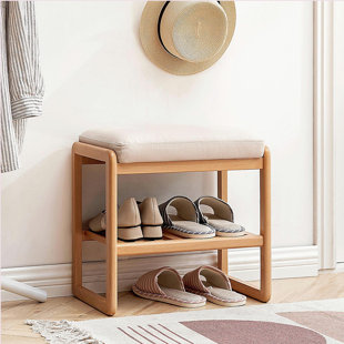 Banc à chaussures en bois massif, étagère de rangement avec coussin éponge à rebond élevé