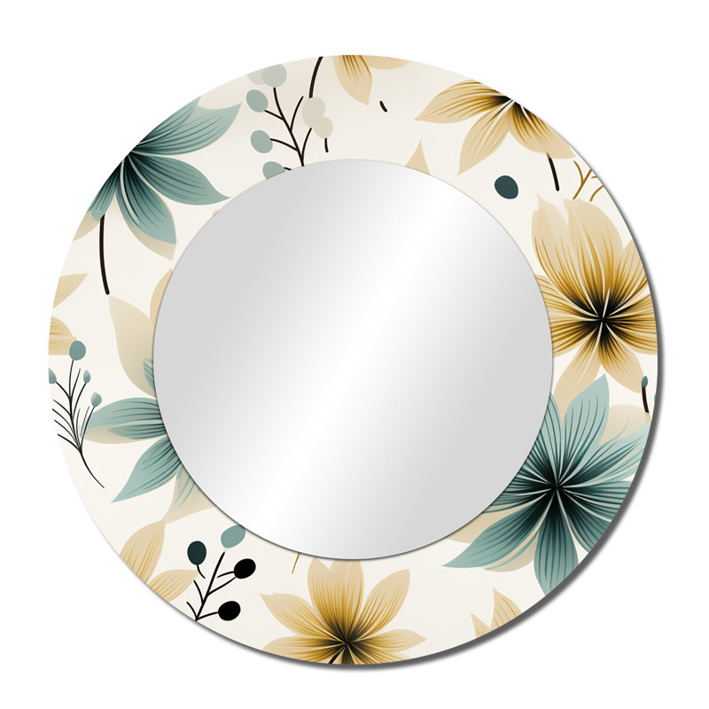 Riste Teal & Beige Elegant Floral Pattern - Floral Large Wall Mirror, Cottage Round Decorative Mirror, Printed Metal Art