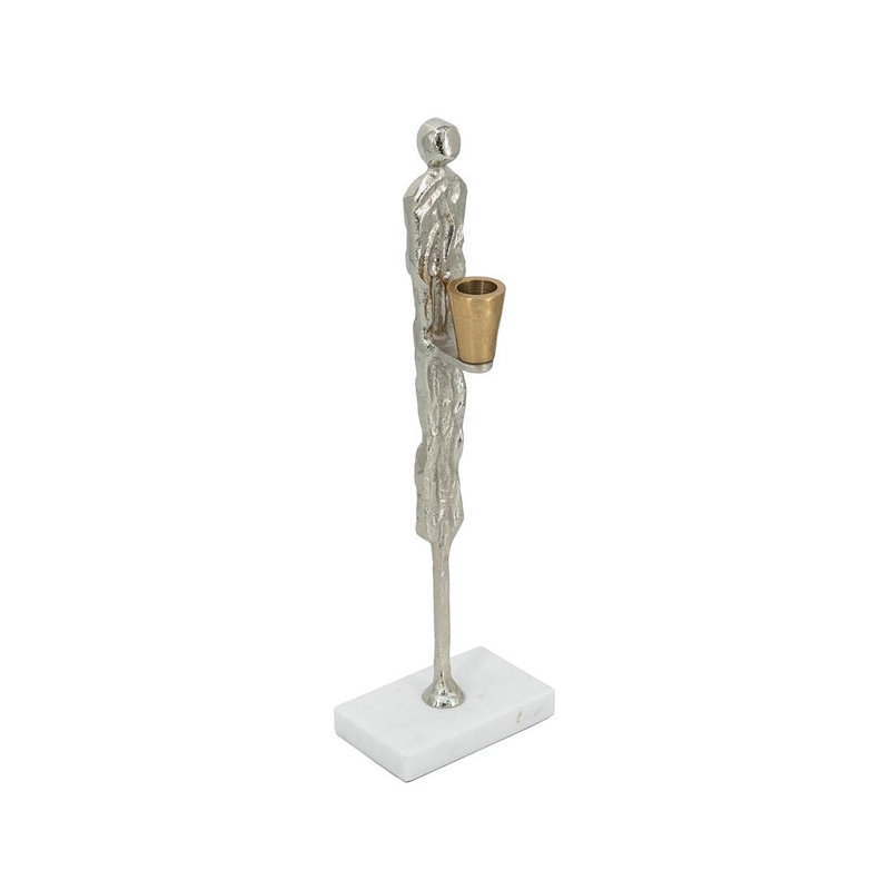 Porte-bougie effilé argent et blanc avec base en marbre