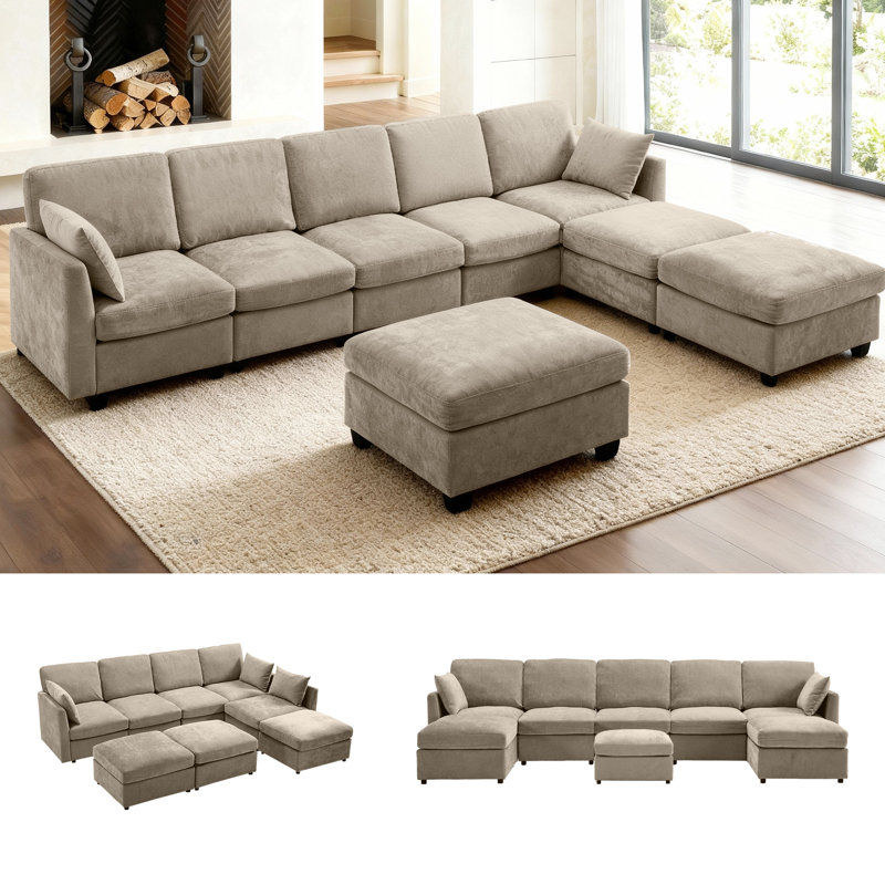Sarang 128.61" Modern 8 Seats Upholstered Cloud Sectional Sofa With Ottomans, Tan Polyester Blend