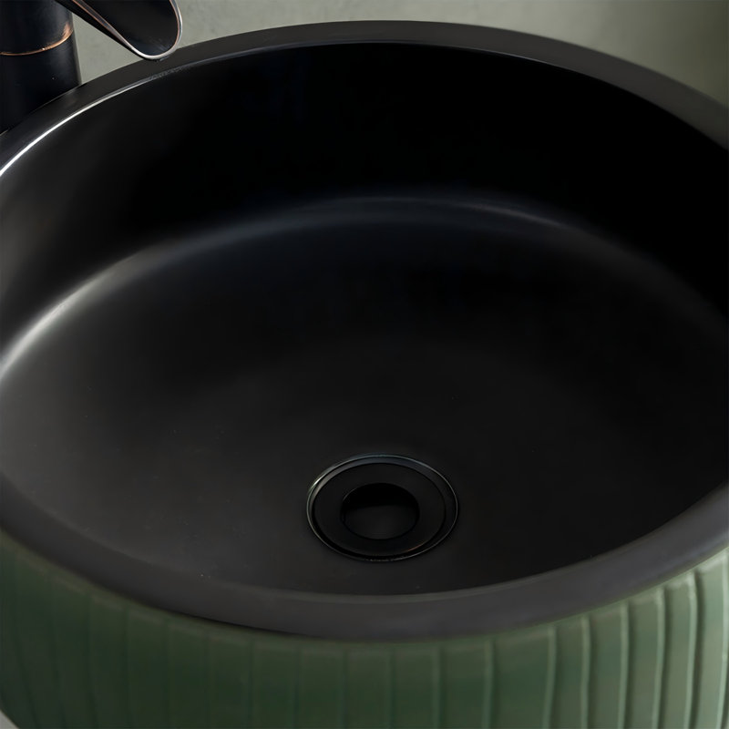 Lavabo sur pied en céramique vert olive, 2 pièces, avec texture cannelée verticale