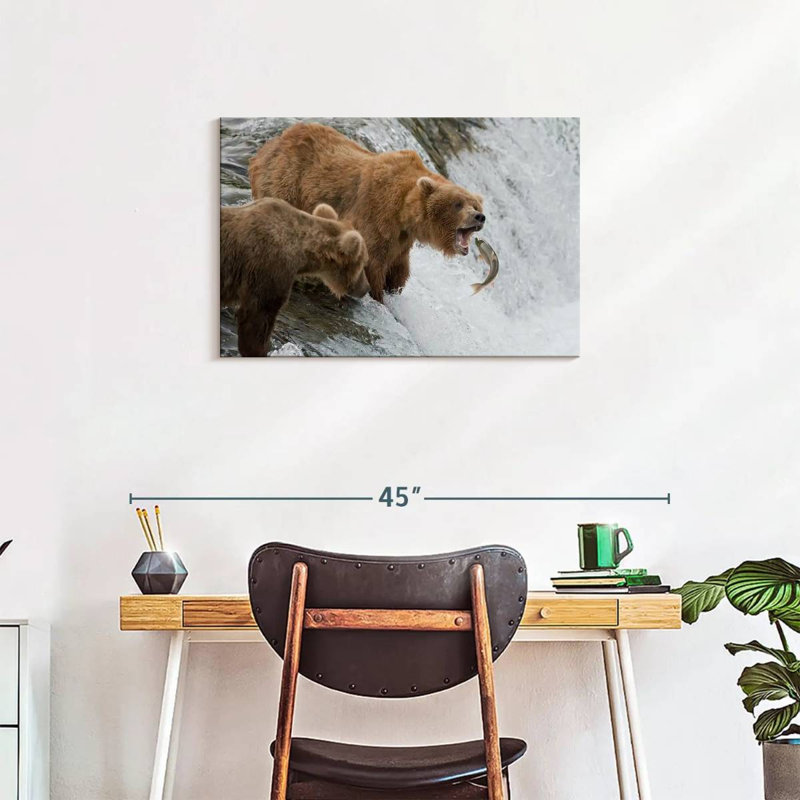 Brampt Grizzly Bears Hunting Fish, 20" H x 30" W