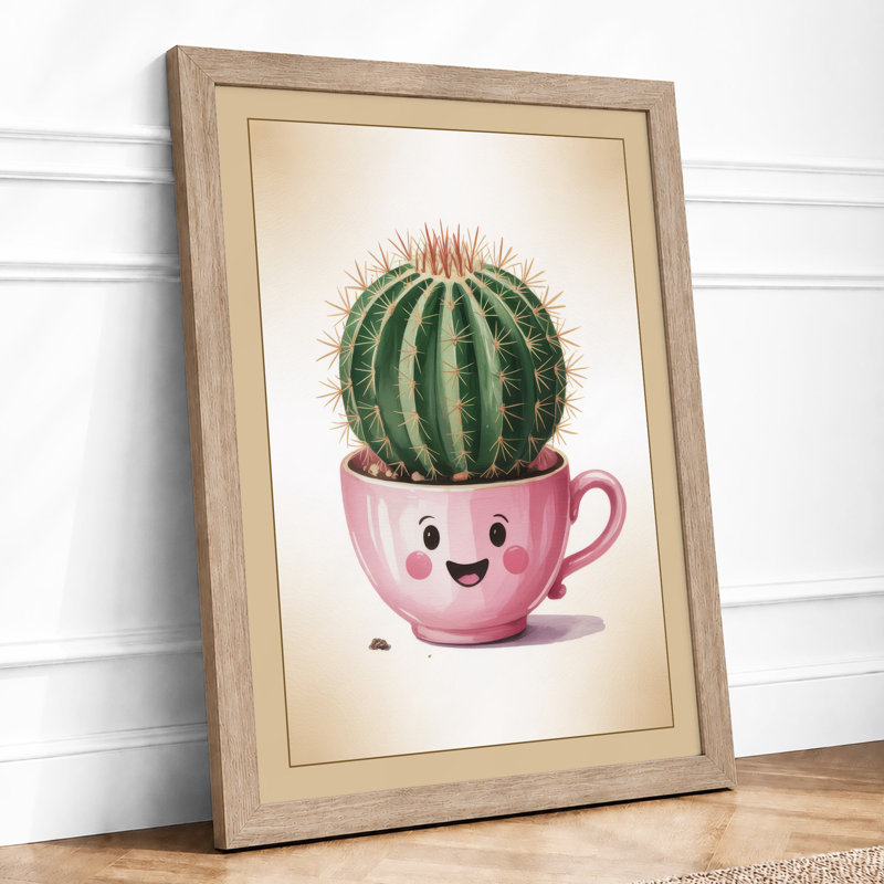 Smiling Cactus Companion Botanical - Framed Print, A2 - 59.4 x 42.0 cm, Oak