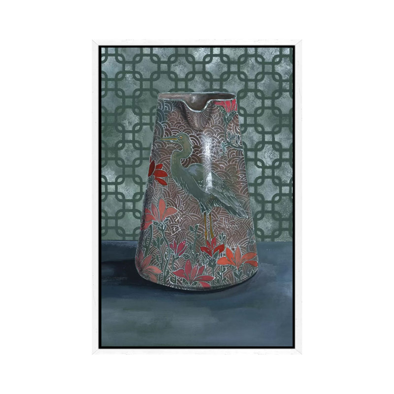 Heron Vase by Miri Eshet - Painting on Canvas, 152.5 cm H x 101.5 cm W, White Framed