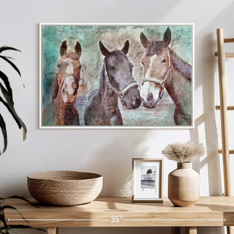 Trois chevaux voisins, Floating Frame White, 25 po x 17 po